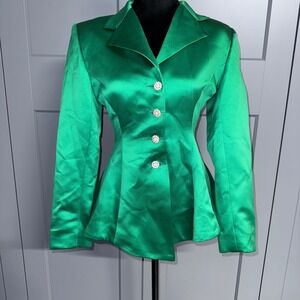 NOVELLO BLOOM Emerald Green Satin Rhinestone Button Blazer Jacket Size S Fitted